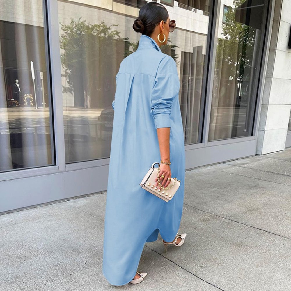 Powder Blue Button-Up Maxi Shirt Dress β Versatile Layering Piece